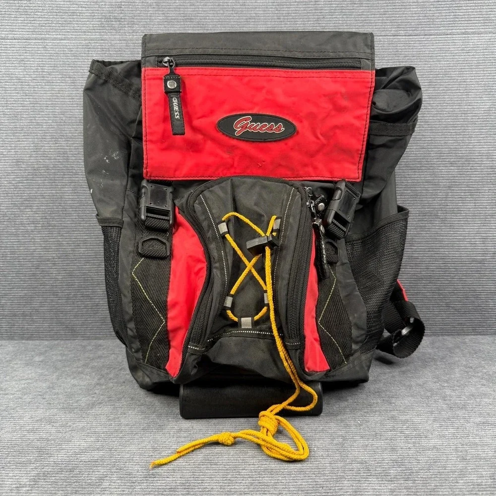 Vintage GUESS Backpack Red Black Nylon Hiking Rucksack School Bag 90s Y2K Gorp